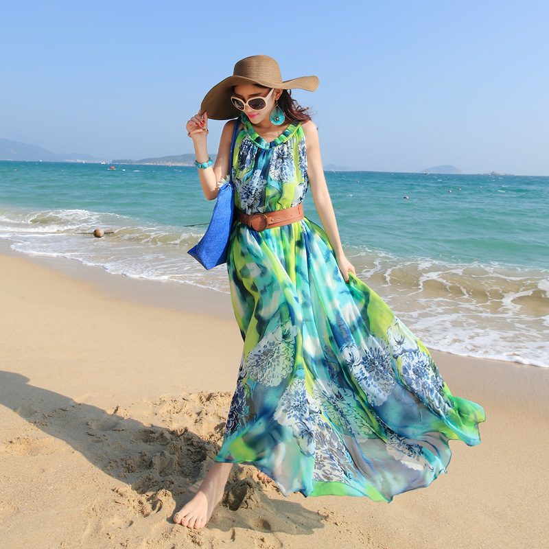一件代发2014波西米亚雪纺裙子连衣裙沙滩裙显瘦大码海边度假长裙