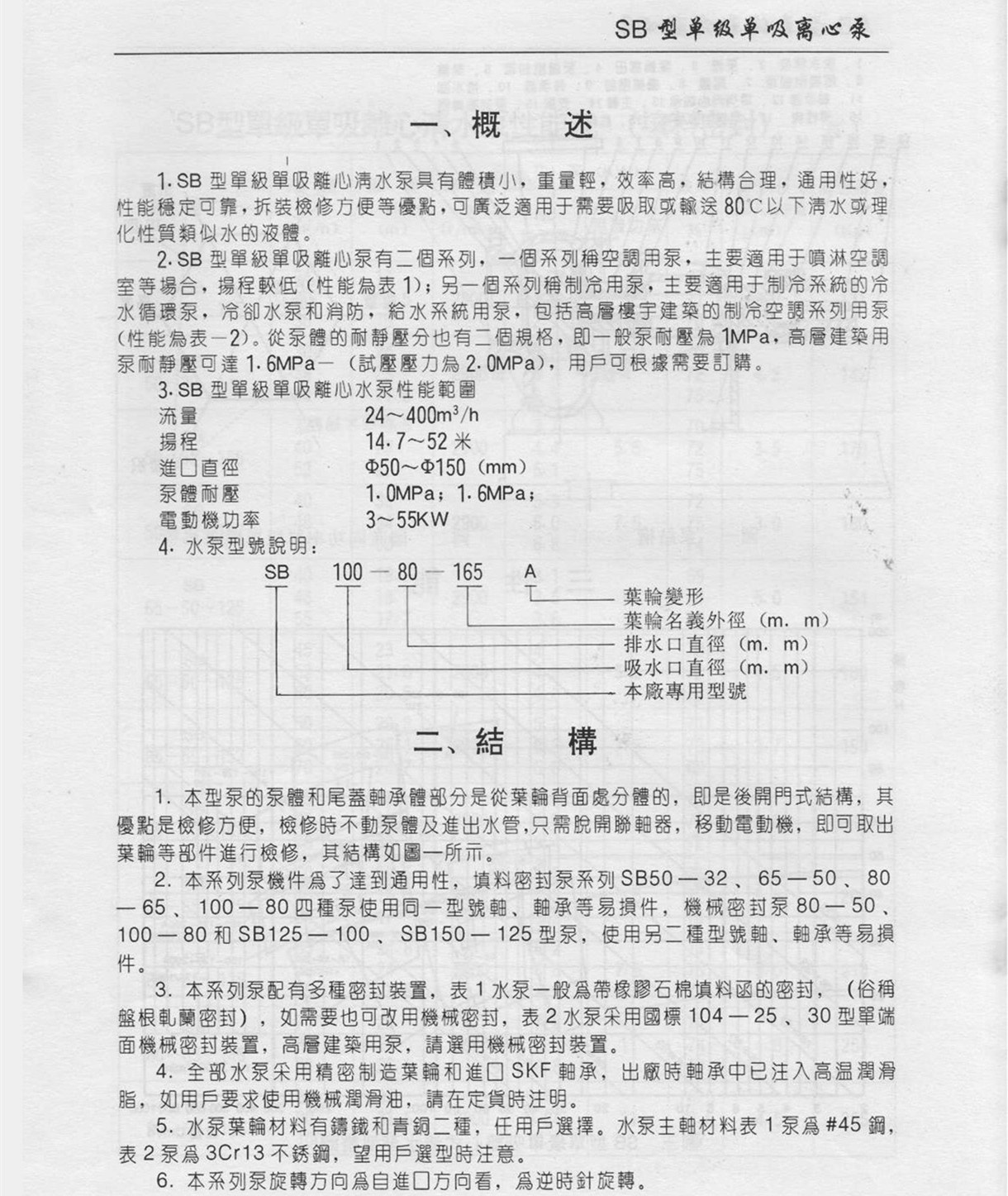 SB型 单级单吸清水离心泵 概述 结构