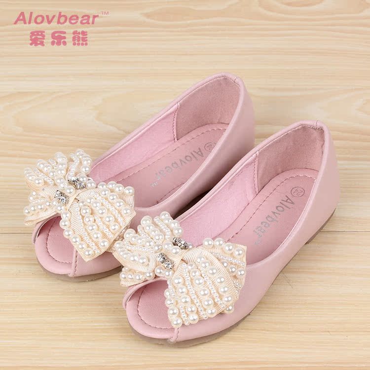 新款外贸女童鞋批发 公主风珍珠蝴蝶结 女童单鞋鱼嘴鞋D02-9