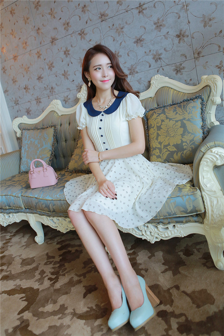 2014夏季新款韩版翻领淑女短袖雪纺裙 甜美小清新短袖雪纺连衣裙