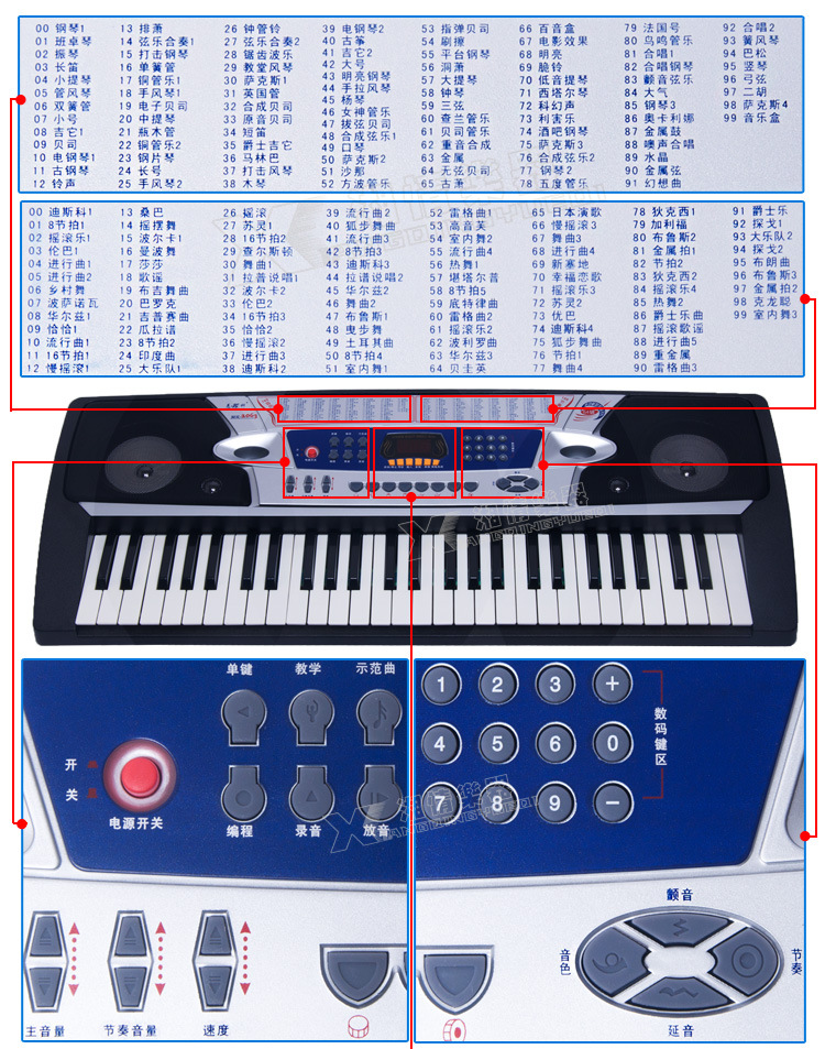 54仿钢琴键盘 ●   led数码显示 ●   100种标准音色 / 100种精选节奏