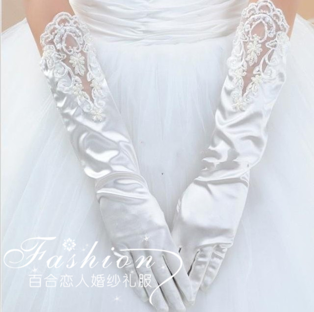 新娘結婚禮服手套米白色有指袖口繡花片訂珠手套批發・進口・工廠・代買・代購