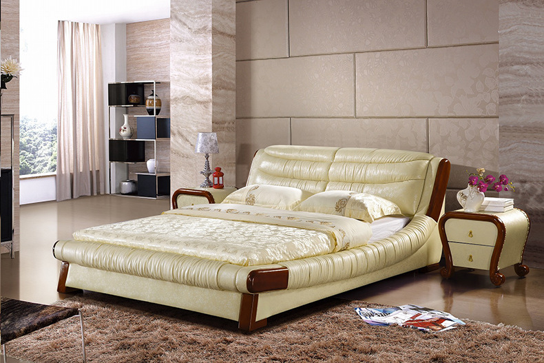 厂家批发零售 带木架床 真皮床 弧形边双人床 米黄色皮床