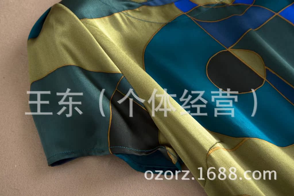 欧美外贸原单简洁有型侧边系带收腰印花纯真丝绸缎连衣