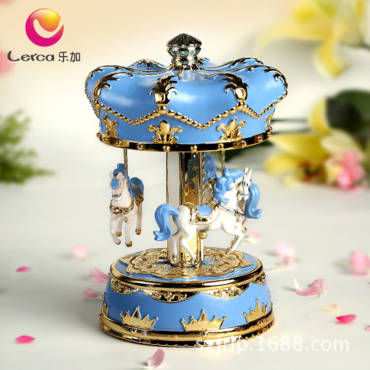 60352-乐加小号粉蓝金色旋转木马音乐盒-正面