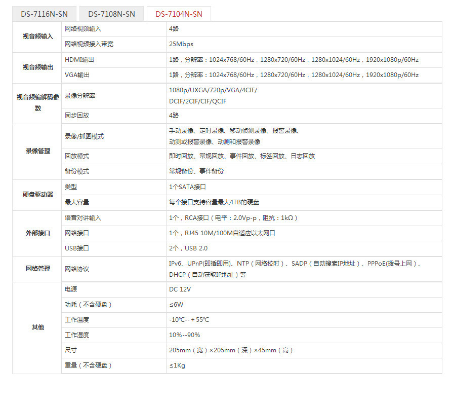 海康威视 4路高清nvr 网络数字硬盘录像机 ds-7104n-sn 萤石云