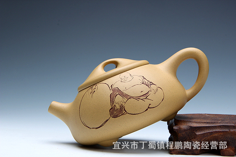 宜兴原矿正品名家全手工紫砂壶 段泥 乐佛石瓢茶壶280毫升 陶刻壶图片