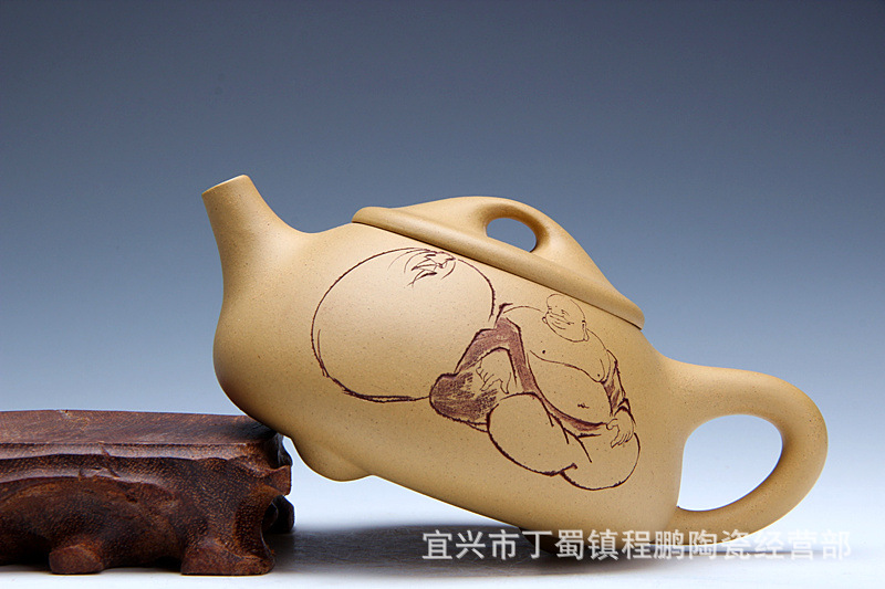 宜兴原矿正品名家全手工紫砂壶 段泥 乐佛石瓢茶壶280毫升 陶刻壶图片