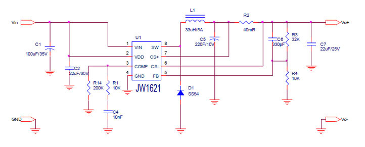 车充芯片JW1621典型电路应用图