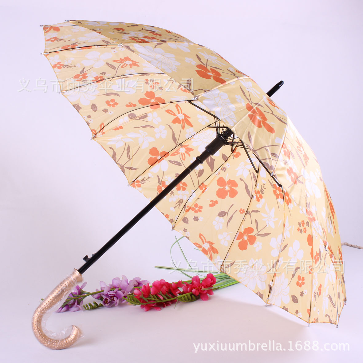 雨秀 直杆色丁花布16K外贸雨伞