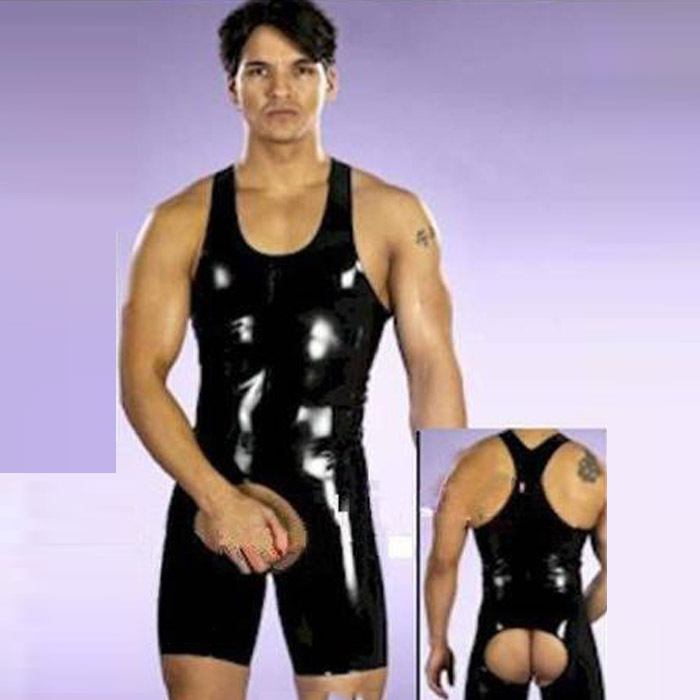 Sexy Men Faux Leather Pvc Swimsuit Leotard Crotchless Underwear