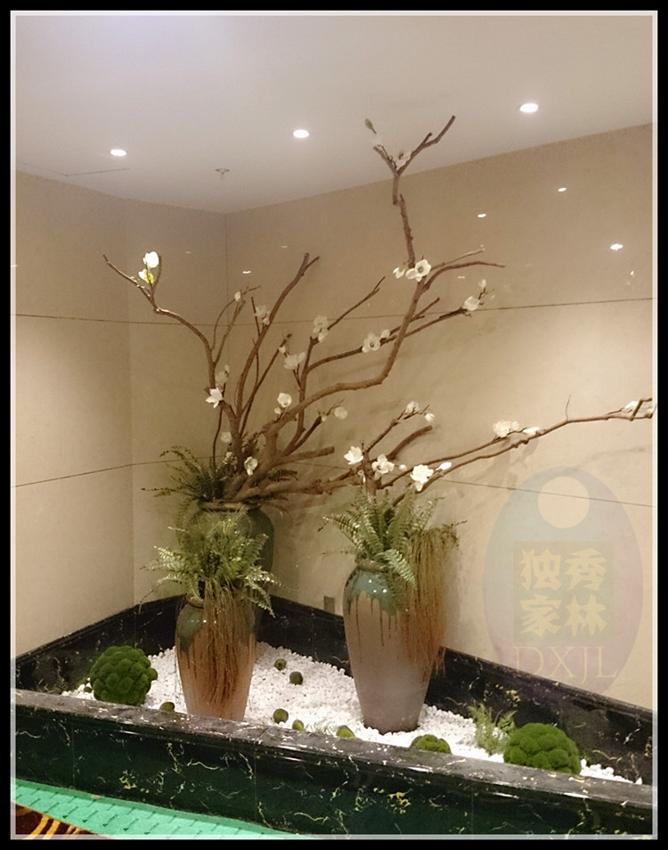 新中式橱窗景观陶罐树枝干落地大花艺套装高档家居酒店假花装饰品