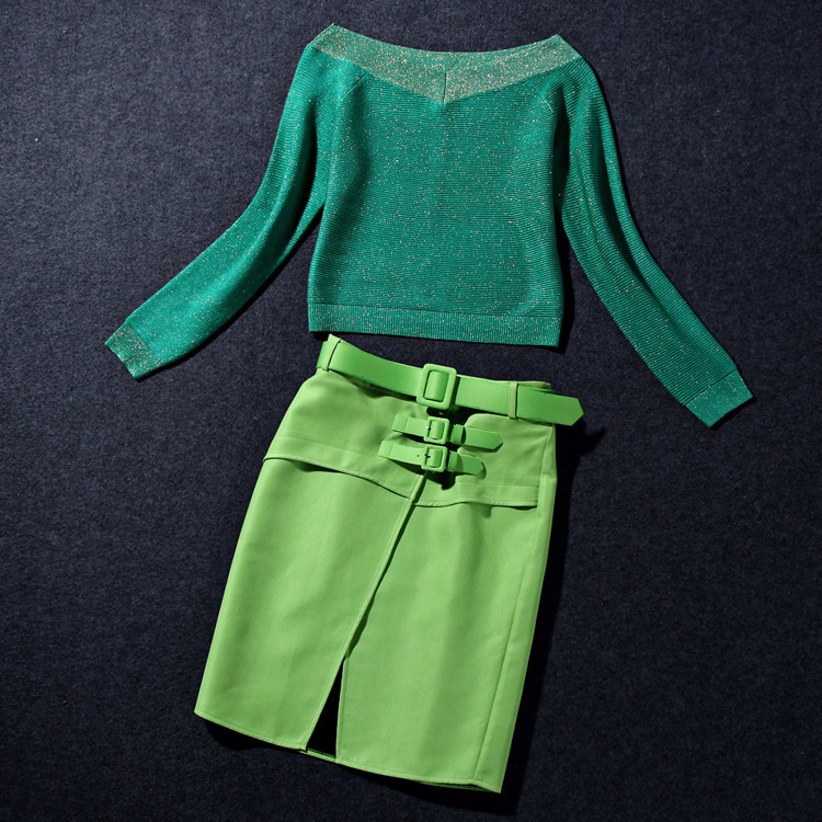 2015春款高圆圆同款 针织上衣 绿色半裙套装1933