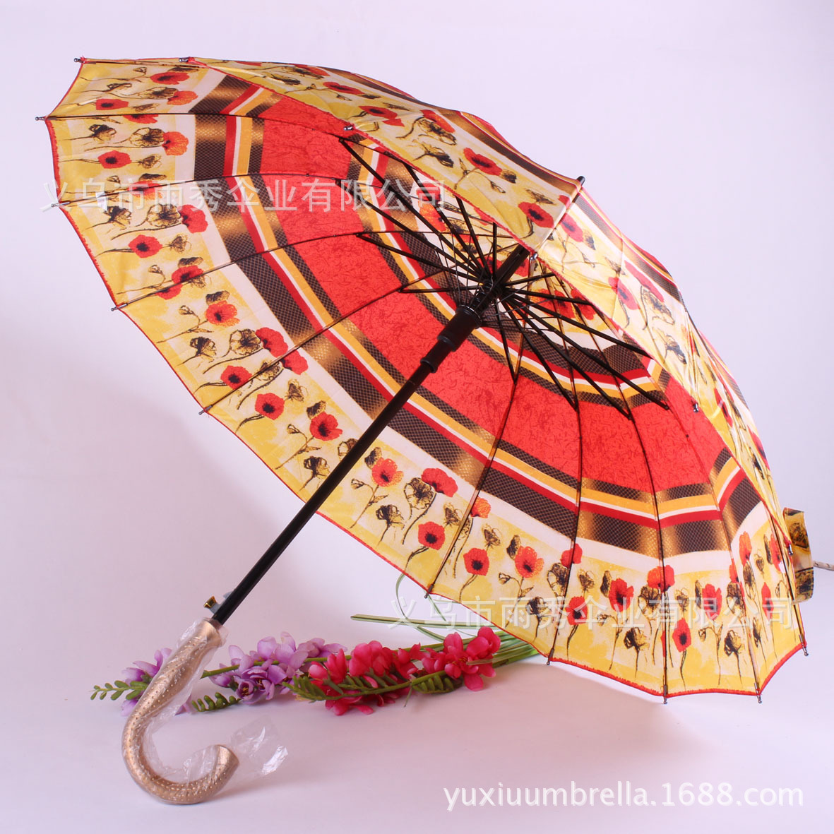 雨秀 直杆色丁花布16K外贸雨伞