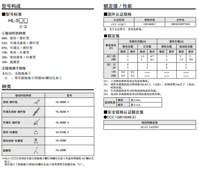 限位开关HL-5000构成、性能