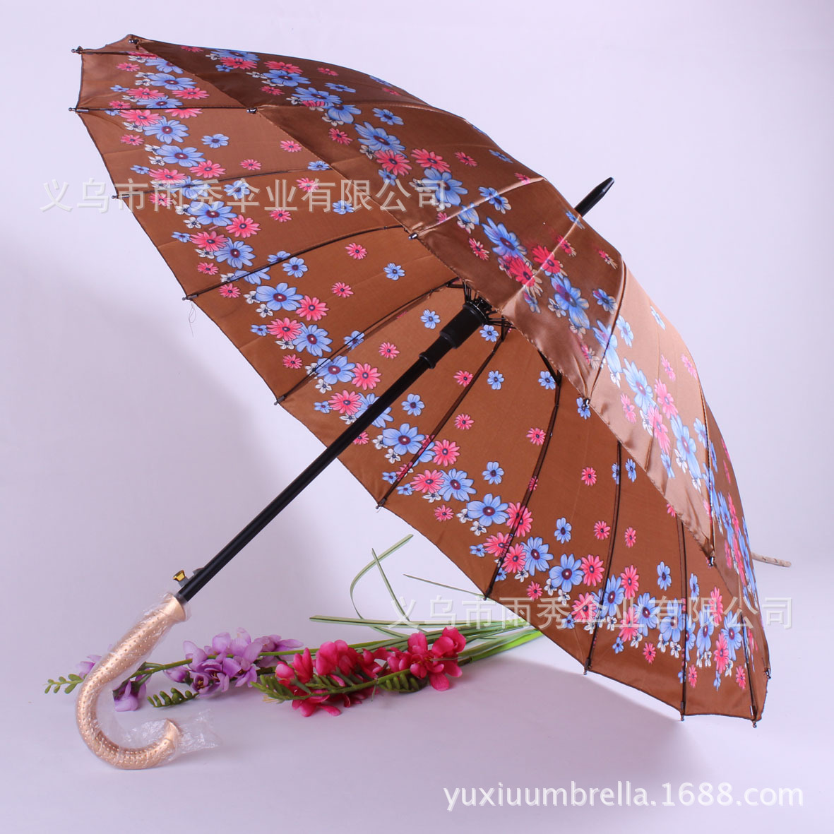 雨秀 直杆色丁花布16K外贸雨伞