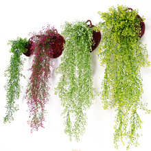 仿真植物壁掛 家居綠植牆面裝飾塑料藤條壁掛吊籃花背景 綠葉垂吊