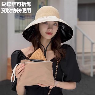 帽子女夏季黑膠可折疊收納蝴蝶結袋遮陽帽鏤空草帽防曬太陽漁夫帽