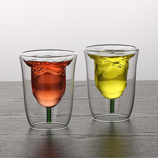玫瑰花杯時尚創意果汁飲料杯雙層透明玻璃紅酒杯威士忌杯冷飲