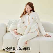 A類珊瑚絨睡衣女冬季加厚外穿女士法蘭絨睡衣毛絨家居服居家套裝