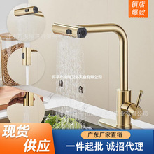北美 304不銹鋼金色飛雨旋轉抽拉式菜盆龍頭冷熱伸縮多功能水龍頭