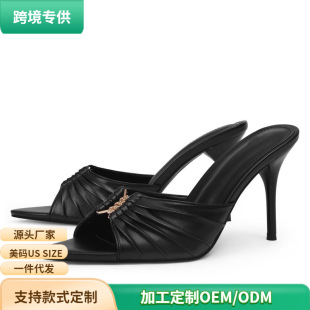 亞馬遜跨境專供褶皺面金屬女士飾扣魚嘴性感細跟涼鞋高跟露趾拖鞋