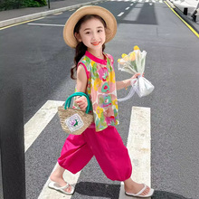 女童套裝兒童夏季碎花闊腿褲2025款女寶寶夏裝時尚無袖開衫兩件套