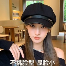 網紅氣質春秋畫家帽顯臉小百搭八角帽毛呢黑色帽子女英倫復古短檐