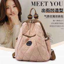 簡約潮流休閑女士背包秋冬新款尼龍格紋棉服包百搭大容量雙肩背包