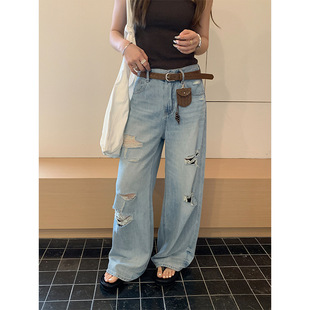 5月20日新品 美式街頭風個性破洞牛仔褲淺藍寬松闊腿褲女10115