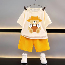 新款童裝夏季兒童套裝休閑寬松衣服男童短袖華夫格寶寶夏季批發