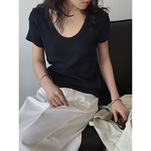 夏季新款韓系簡約氣質萊賽爾棉大U領針織短袖修身顯瘦上衣女