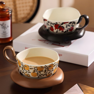 復古風咖啡杯碟套裝釉下彩陶瓷家用早餐杯大容量咖啡牛奶杯情侶杯