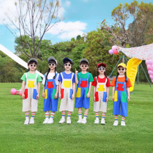 六一兒童演出服啦啦隊小學生運動會服裝幼兒園可愛彩色背帶褲班服