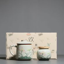 手繪冰裂荷花馬克杯中式釉下彩陶瓷茶水分離杯馬克杯茶葉罐禮盒裝