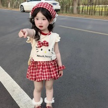 夏季新款女童短袖T恤可愛立體蝴蝶結洋氣甜美女童帶包頭箍四件套
