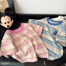 全棉兒童條紋短袖2025夏季男女童刺綉T恤韓版百搭短T時尚上衣批發