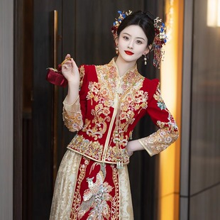 2025高級婚服秀禾服新款出閣嫁衣旗袍香檳金超輕薄顯瘦燙金刺綉