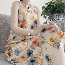 連衣裙氣質印花吊帶裙碎花時尚長裙女無袖新中式吊帶裙碎花裙外穿