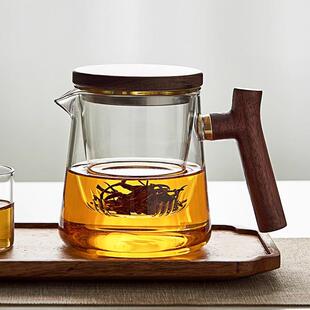 新款玻璃茶壺木把茶水分離泡茶壺耐熱家用過濾單壺簡約日式茶具