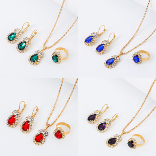 Colorful Rhinestone Ring Necklace Earring Set Brid e Set Gif