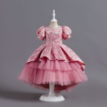 現貨批發拖尾公主裙亮片花紋晚禮服女童生日派對連衣裙baby dress