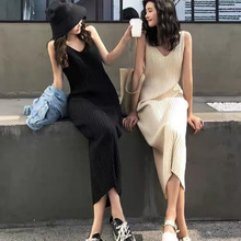 吊帶針織連衣裙小個子女夏季性感打底小黑裙修身顯瘦內搭背心長裙