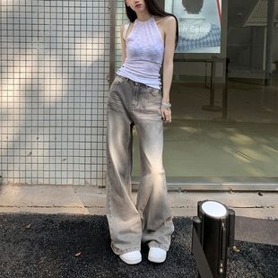 顯瘦春季慵懶風美式復古波紋闊腿褲女高腰垂感摩卡灰牛仔直筒褲子