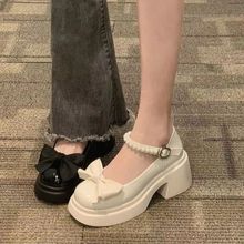 瑪麗珍鞋女2025春新款時尚甜美蝴蝶結厚底粗跟珍珠小皮鞋百搭單鞋
