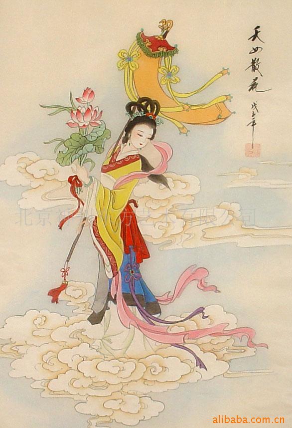 国画人物画仙女工笔仕女绢画美人图飞天嫦娥女娲