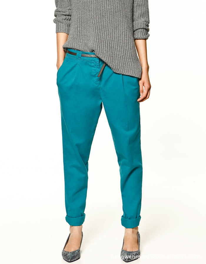 2012春款外贸欧美原单 全棉糖果色裤子中腰小脚铅笔裤 送腰带