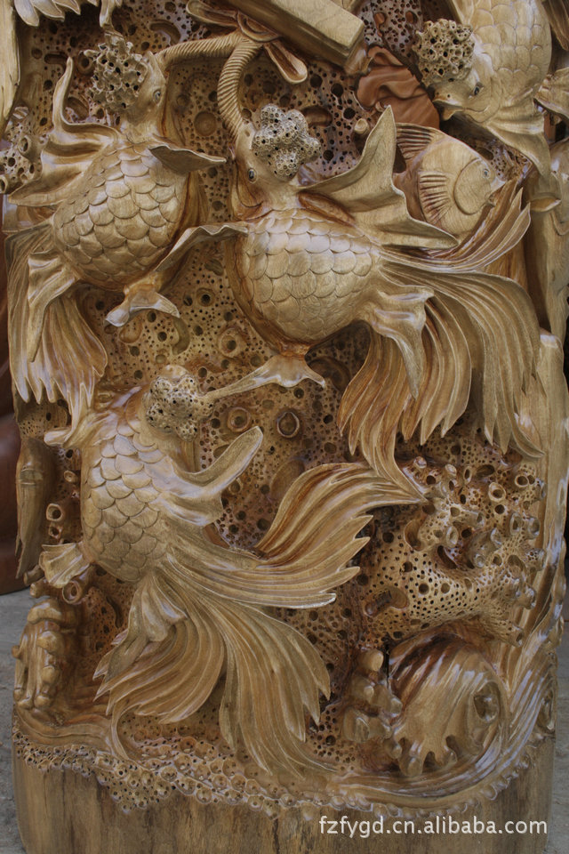 【佛缘木雕】香樟木雕刻金鱼金玉满堂风水装饰礼品工艺品风水摆件
