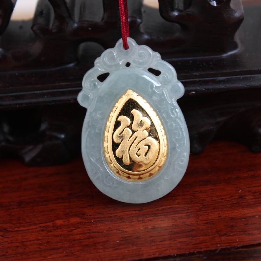 海洋之星纯银饰品批发 天然翡翠项坠 水滴福字吊坠 金镶玉