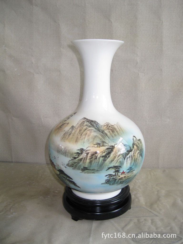 陶瓷花瓶 白瓷 佛像 福溢陶瓷供应 天地方圆 釉下五彩山水 14寸